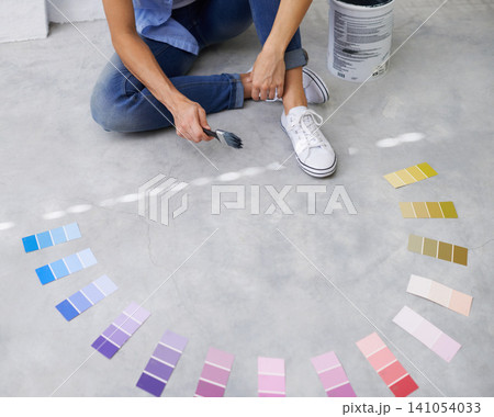 Feet, paint swatch and color for renovation in home, remodeling and maintenance in apartment. Person, floor and choice or decision for interior upgrade, diy and brush for house repairs or project Feet, paint swatch and color for renovation in home, remodeling and maintenance in apartment. Person, floor and choice or decision for interior upgrade, diy and brush for house repairs or project 141054033