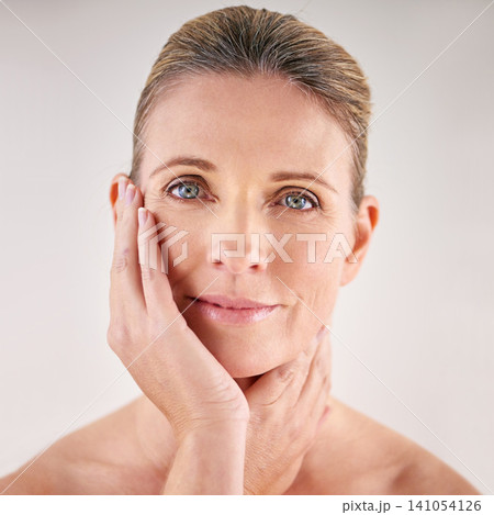 Results, portrait or mature model with beauty, confidence or pride in studio on white background. Facial treatment, skincare benefits or natural woman with glow, shine or anti aging cosmetics in spa Results, portrait or mature model with beauty, confidence or pride in studio on white background. Facial treatment, skincare benefits or natural woman with glow, shine or anti aging cosmetics in spa 141054126