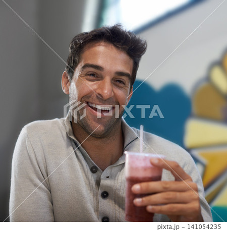 Portrait, drink and smoothie for man with smile for healthy diet of strawberry, fruit and show of beverage. Male person, guy and adult relax with blended cocktail for energy, wellness and nutrition Portrait, drink and smoothie for man with smile for healthy diet of strawberry, fruit and show of beverage. Male person, guy and adult relax with blended cocktail for energy, wellness and nutrition 141054235