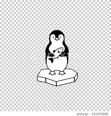 魚を抱えた子どもペンギンのモノクロイラスト　シンプル　かわいい 141054886