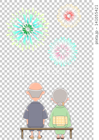 An illustration of an elderly couple looking up at fireworks. An illustration of an elderly couple looking up at fireworks. 141055421
