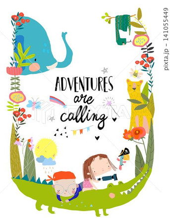 Cartoon Card with Cute Animals and Kids 141055449