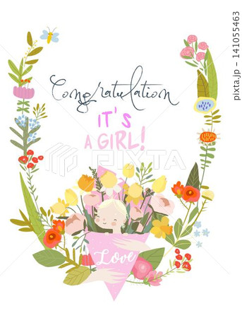 Cute Floral Frame Composed with Cartoon Mother holding Bouquet of Spring Flowers with Cute Baby. It s A Girl 141055463