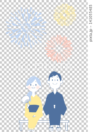 An illustration of a young man and woman at a summer festival, looking up at fireworks. An illustration of a young man and woman at a summer festival, looking up at fireworks. 141055485
