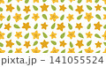 Seamless pattern with carambola pieces of different sizes. Repeat pattern of yellow starfruit pieces. Seamless background with pieces of carambola and green leaves 141055524