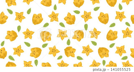 Seamless pattern with pieces and halves of starfruit. Repeat pattern of yellow carambola pieces. Seamless background of carambola slices and green leaves Seamless pattern with pieces and halves of starfruit. Repeat pattern of yellow carambola pieces. Seamless background of carambola slices and green leaves 141055525
