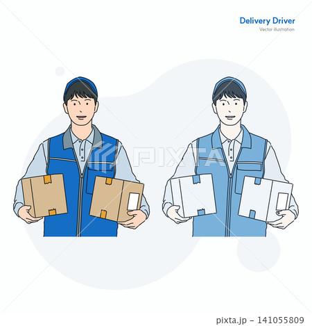 Friendly delivery driver holding cardboard boxes vector illustration 141055809