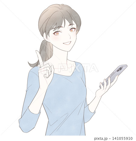 スマホを手に持って指差す女性のイラスト 141055910