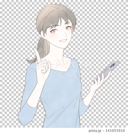 スマホを手に持って指差す女性のイラスト 141055910