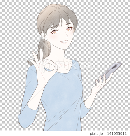 一幅插圖,描繪了一位女性手持智慧型手機,做出「OK」手勢。 一幅插圖,描繪了一位女性手持智慧型手機,做出「OK」手勢。 141055911