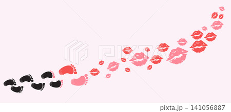 Vector cartoon illustration of barefoot footprints transforming into lipstick kiss marks 141056887