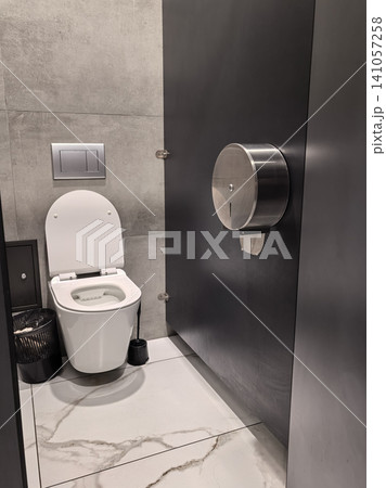 Modern toilet stall interior with wall mounted bowl and paper dispenser Modern toilet stall interior with wall mounted bowl and paper dispenser 141057258