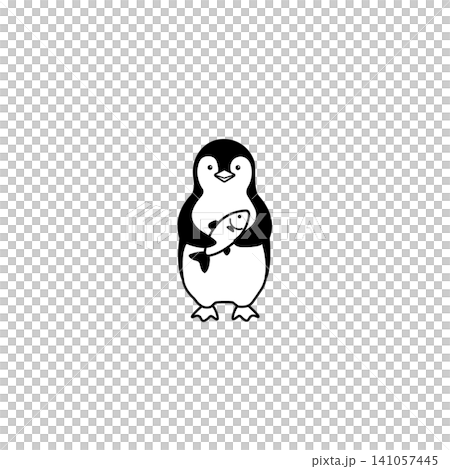 A simple and cute monochrome illustration of a baby penguin holding a fish. A simple and cute monochrome illustration of a baby penguin holding a fish. 141057445
