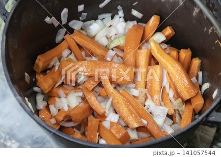 Sliced fresh carrots and white onions roasting in a heavy cast-iron cauldron over an outdoor campfire. A rustic, healthy meal being prepared during a camping trip, showcasing natural cooking 141057544