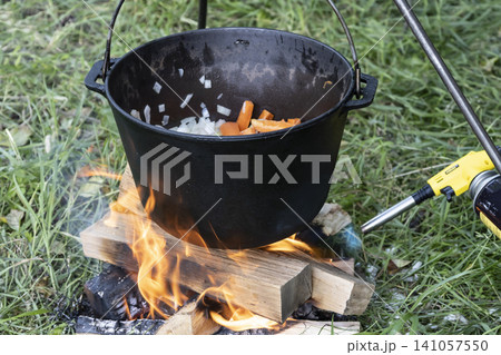 Black cast iron pot with carrots and onions, hanging over a small campfire built on the green grass. Perfect for rustic outdoor cooking and camping. 141057550
