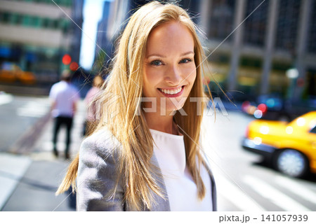 Woman, smile and portrait in city for travel, walk and break in urban for work, cab or job in outdoor. Young person and happy with confidence for move in New York for journey in town with traffic Woman, smile and portrait in city for travel, walk and break in urban for work, cab or job in outdoor. Young person and happy with confidence for move in New York for journey in town with traffic 141057939
