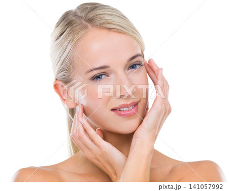 Cosmetic, skincare and portrait of woman in studio with dermatology, glow and facial treatment. Happy, beauty and female model with health, wellness and face routine isolated by white background. 141057992