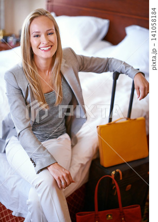 Luggage, hotel and portrait of business woman for work trip, global conference and travel. Accommodation, professional worker and happy person with suitcase in bedroom for career, working and job Luggage, hotel and portrait of business woman for work trip, global conference and travel. Accommodation, professional worker and happy person with suitcase in bedroom for career, working and job 141058184