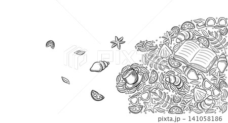 Summer black and white hand-drawn frames for travel, menus, restaurants, and cafes. Coconut, drinks, summer, shells Summer black and white hand-drawn frames for travel, menus, restaurants, and cafes. Coconut, drinks, summer, shells 141058186