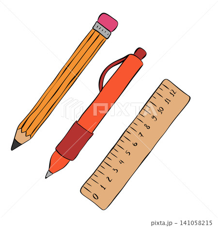 Pens and pencils School composition colored hand drawn illustration. Vector graphic line ink art. For poster, invitation, backdrop, ad, sale promotion, print for t-shirt Pens and pencils School composition colored hand drawn illustration. Vector graphic line ink art. For poster, invitation, backdrop, ad, sale promotion, print for t-shirt 141058215