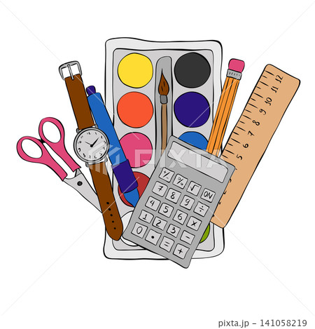 Set of various school and office supplies. Collection of education tools. School composition colored hand drawn illustration. Vector graphic line ink art. package, holiday design, fabric and textile. 141058219