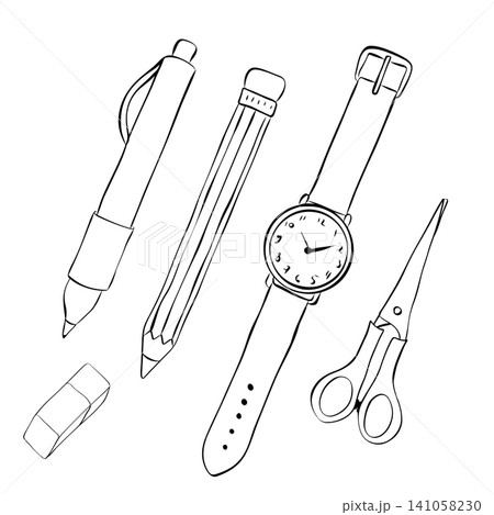 scissors, hand watch pen and pencils School composition Black and white hand drawn illustration. Vector graphic line ink art. Perfect for logo, branding, packaging, labels, and modern decor design. 141058230