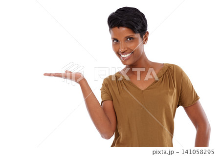 Space, palm or happy woman in portrait with offer, announcement or promotion on white background. Smile, gesture or lady in studio with hand for advertising, marketing sale or discount deal mockup Space, palm or happy woman in portrait with offer, announcement or promotion on white background. Smile, gesture or lady in studio with hand for advertising, marketing sale or discount deal mockup 141058295