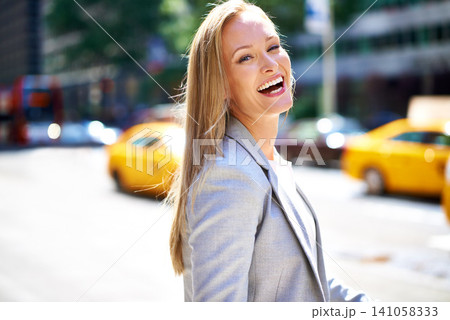 Laugh, professional and portrait of businesswoman, city or urban for corporate employee. Confidence, smile and commute or travel to workplace in New York, business consultant and entrepreneur Laugh, professional and portrait of businesswoman, city or urban for corporate employee. Confidence, smile and commute or travel to workplace in New York, business consultant and entrepreneur 141058333