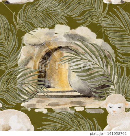 Resurrection scene seamless pattern empty tomb, palm leaves, lamb, hand-painted watercolor on olive background, Christian composition for Easter designs, faith branding, packaging, textiles. Soft Resurrection scene seamless pattern empty tomb, palm leaves, lamb, hand-painted watercolor on olive background, Christian composition for Easter designs, faith branding, packaging, textiles. Soft 141058761