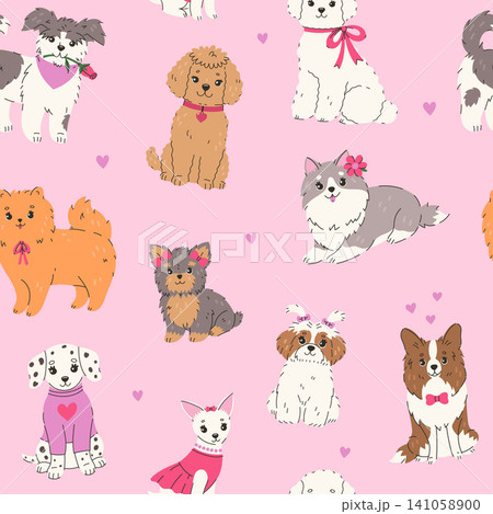 Seamless pattern with funny cute dogs. Vector graphics. Seamless pattern with funny cute dogs. Vector graphics. 141058900