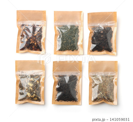 Front view of paper bags with various tea Front view of paper bags with various tea 141059031
