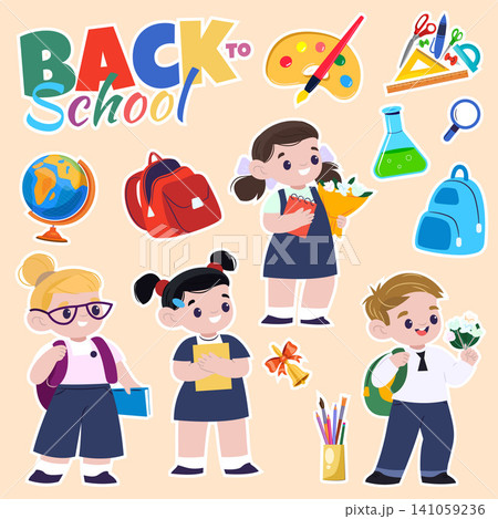 Cute school sticker set featuring a globe, pencils, brush, schoolgirl, schoolboy, palette, backpack, bell, flask, ruler, square, protractor, pen, and magnifier, perfect for educational scrapbooking pl 141059236