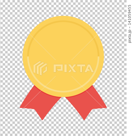 Illustration material of a gold badge with a red ribbon decoration - a simple and cute gold medal or decoration icon. Illustration material of a gold badge with a red ribbon decoration - a simple and cute gold medal or decoration icon. 141059455