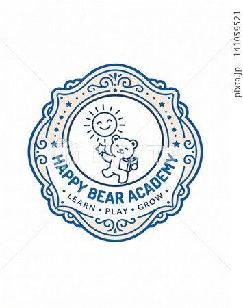 Decorative circular emblem featuring a cute bear holding a star and book for educational branding and child development programs with framed ornate blue flourishes beige background Decorative circular emblem featuring a cute bear holding a star and book for educational branding and child development programs with framed ornate blue flourishes beige background 141059521