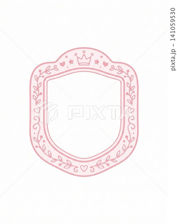 A soft pink decorative shield frame featuring elegant floral vines and a small crown icon isolated on a clean white background for creative design projects A soft pink decorative shield frame featuring elegant floral vines and a small crown icon isolated on a clean white background for creative design projects 141059530