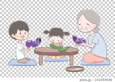 An illustration of a grandmother and grandchild making spirit horses and spirit cows for the Obon festival. An illustration of a grandmother and grandchild making spirit horses and spirit cows for the Obon festival. 141059546