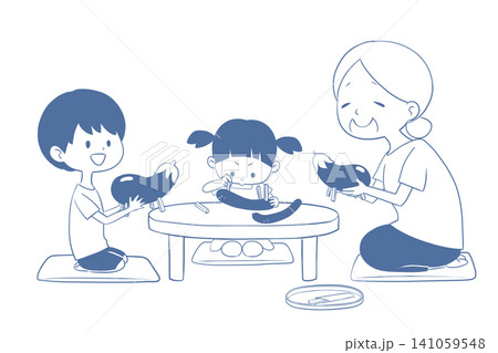 お盆に精霊馬と精霊牛を作る祖母と孫のイラスト お盆に精霊馬と精霊牛を作る祖母と孫のイラスト 141059548