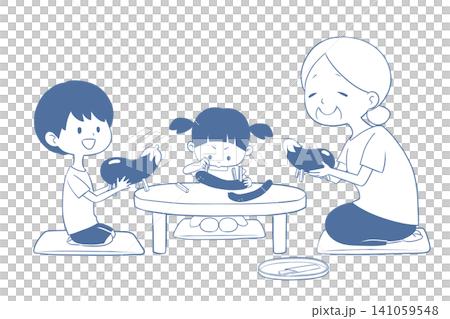 お盆に精霊馬と精霊牛を作る祖母と孫のイラスト お盆に精霊馬と精霊牛を作る祖母と孫のイラスト 141059548