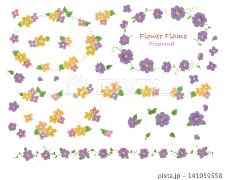 カラフルな春の花のイラスト素材　フレーム　紫　イエロー　手描き 141059558