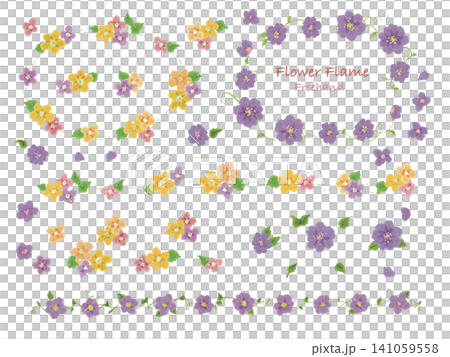 カラフルな春の花のイラスト素材　フレーム　紫　イエロー　手描き 141059558