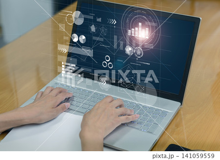 ノートパソコンでデータ分析の作業を行うビジネスパーソンの手元 データサイエンスやマーケティング分析 ノートパソコンでデータ分析の作業を行うビジネスパーソンの手元 データサイエンスやマーケティング分析 141059559