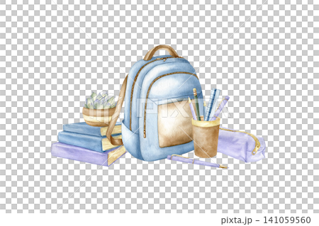 Back to school watercolor isolated illustration. Educational supplies hand drawn clipart in pastel colors with blue backpack, stack of books, succulent plant and stationery. Learning concept sketch. Back to school watercolor isolated illustration. Educational supplies hand drawn clipart in pastel colors with blue backpack, stack of books, succulent plant and stationery. Learning concept sketch. 141059560