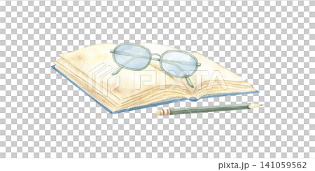 Open book with eyeglasses and pencil watercolor isolated illustration. Hand drawn clipart representing education, reading and learning. Great for school supplies, stationery and creative designs. Open book with eyeglasses and pencil watercolor isolated illustration. Hand drawn clipart representing education, reading and learning. Great for school supplies, stationery and creative designs. 141059562