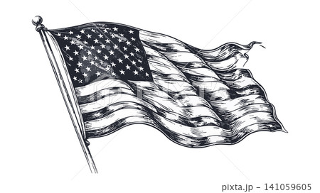American flag waving drawing traditional sketch illustration American flag waving drawing traditional sketch illustration 141059605