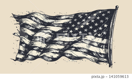 American flag waving vintage ink sketch drawing 141059613