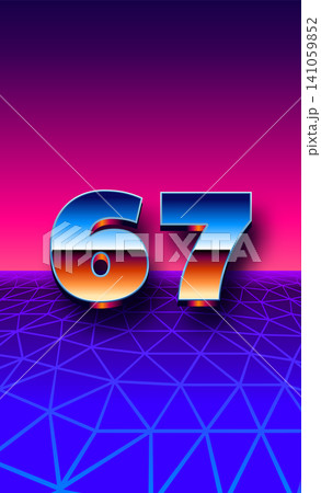 Glowing neon six seven number in synthwave retrowave style with grid and purple blue gradient background as viral kids meme 67 Glowing neon six seven number in synthwave retrowave style with grid and purple blue gradient background as viral kids meme 67 141059852