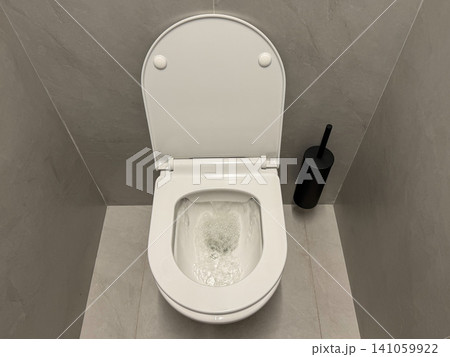 Modern toilet with flushing water inside minimalist restroom and ceramic sanitary fixture. Hygiene, sanitation, healthcare, facility management, cleanliness, water conservation, public service Modern toilet with flushing water inside minimalist restroom and ceramic sanitary fixture. Hygiene, sanitation, healthcare, facility management, cleanliness, water conservation, public service 141059922