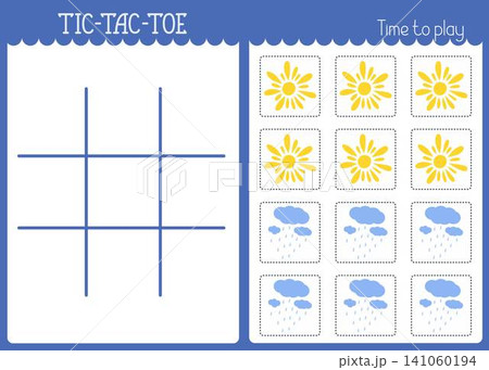 Tic-tac-toe chart or noughts and crosses template, sun, rain weather elements to cut out, fun educational activity for logic thinking development, printable worksheet for board game, teacher resource 141060194