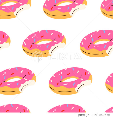 Seamless pattern of donut inflatable pool float. Sweet dessert shaped swimming ring for summer vacation, pool party and beach recreation. Vector illustration in cartoon style Seamless pattern of donut inflatable pool float. Sweet dessert shaped swimming ring for summer vacation, pool party and beach recreation. Vector illustration in cartoon style 141060676