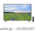 Smart tv with blue cornflowers field on screen and remote control isolated 141061207